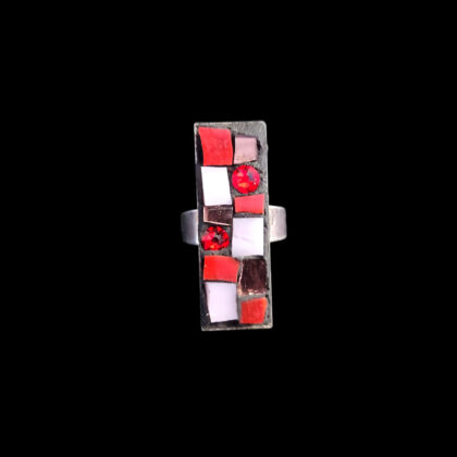 Mosaic Ring, Red and Pink. rectangle with mirror, glass and swarovski crystals