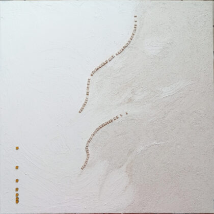 Migration<br>100x100 cm, Plaster, cement, marble and gold tile on canvas